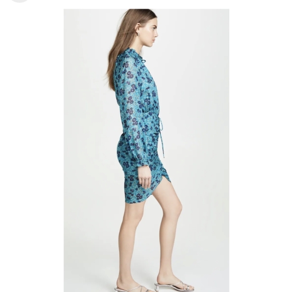 VERONICA BEARD Turquoise Blue Floral Print BECKY Silk Ruffle Ruched Dress - Picture 3 of 16